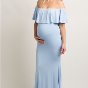 Light Blue Ruffle Off Shoulder Maternity Dress